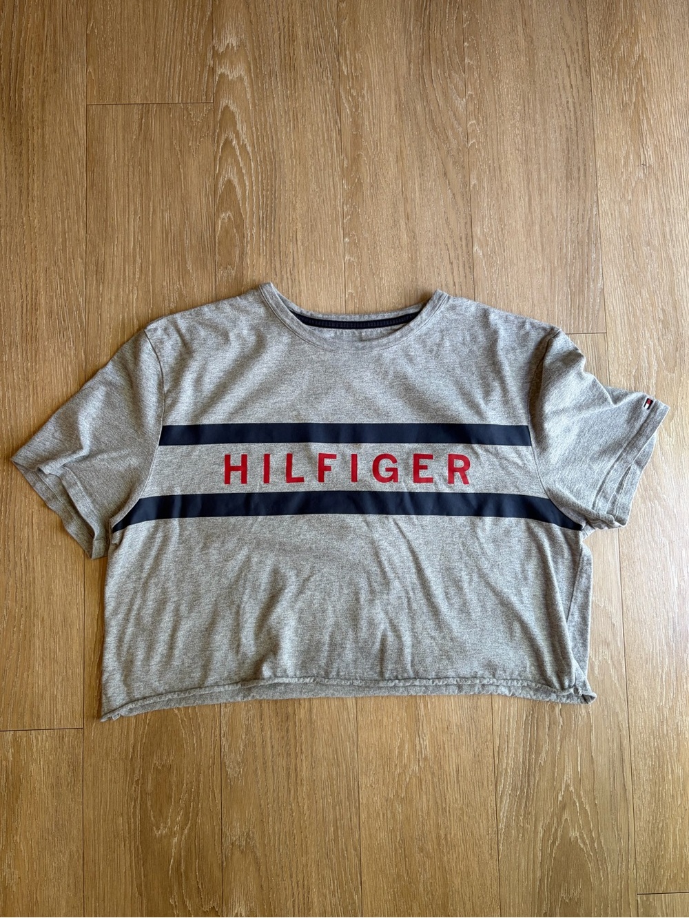 Tommy Hilfiger Gray Cropped Cutoff Tee with Navy Stripes & Red Logo